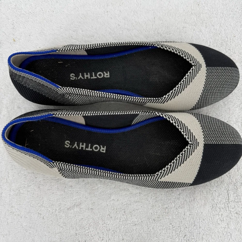 Rothy's Womens The Flat Slip On Shoes Black White Plaid Round Toe Size 8